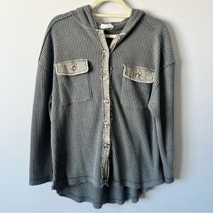 Women’s Waffle Knit Hooded Button-Up Shirt, Olive Green, Size Small